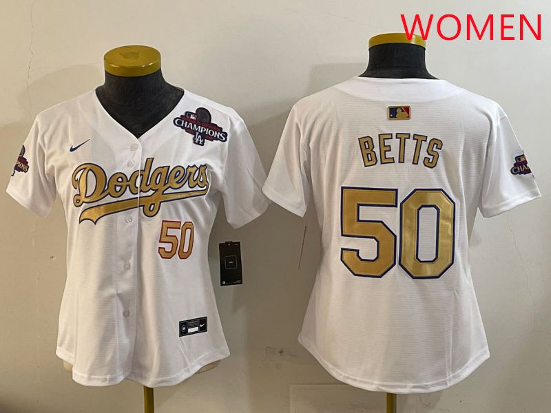 Women Los Angeles Dodgers 50 Betts White Champion gold character 2025 Nike MLB Jersey style 4091